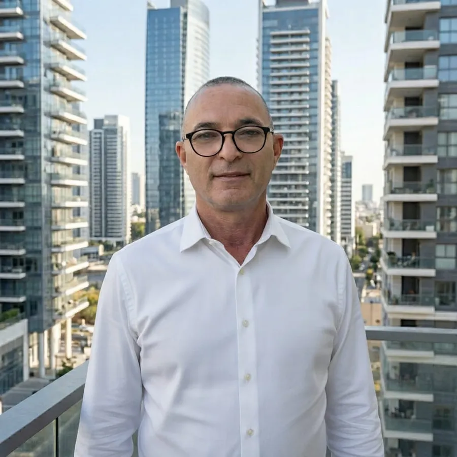 גיא טורצקי, מייסד ומנכ"ל אל ג׳י ניהול ואחזקת מבנים, בחולצה לבנה על רקע מגדלי מגורים
